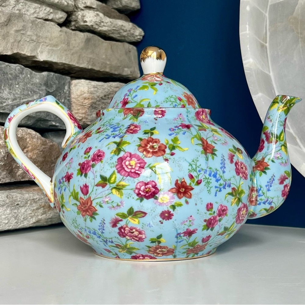 Formalities Baum Bros Rare Blue Teapot W/Lid Victorian Floral Rose Chintz